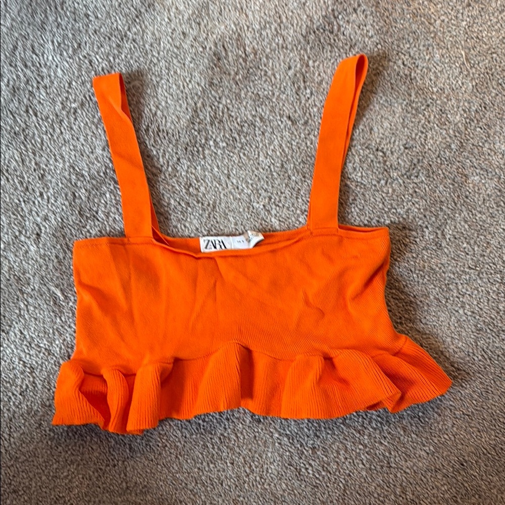 Zara Orange Ruffled Crop Tank Top
